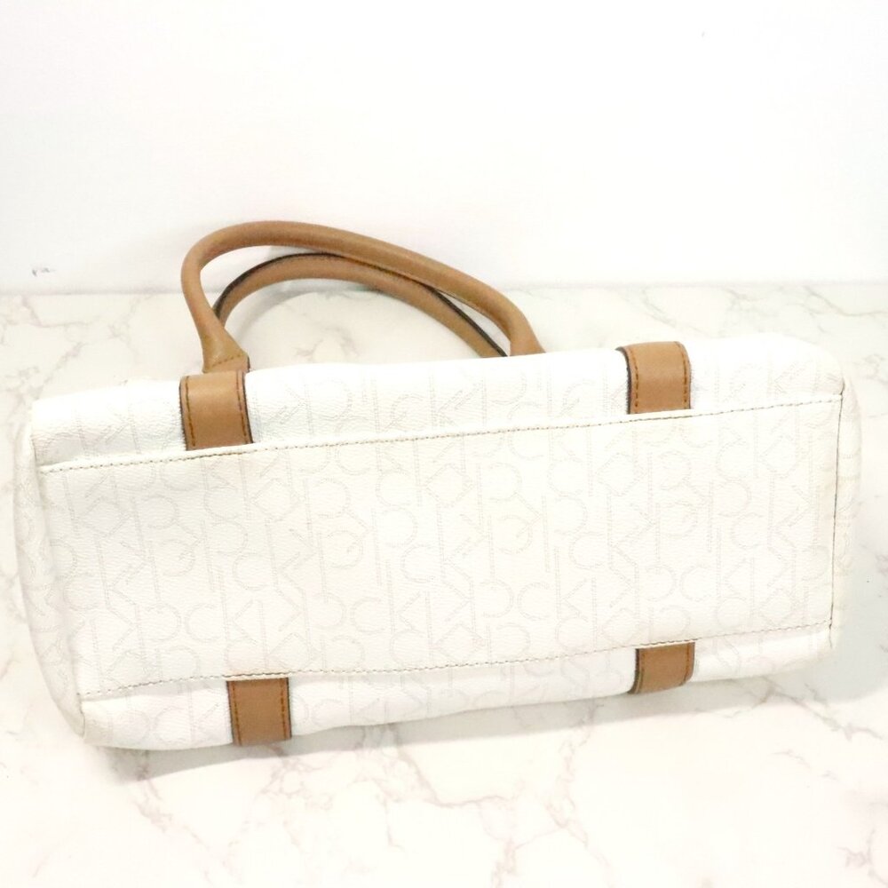 Calvin Klein Hudson White Signature Monogram Logo Pebbled Satchel Handbag Purse - Picture 6 of 9